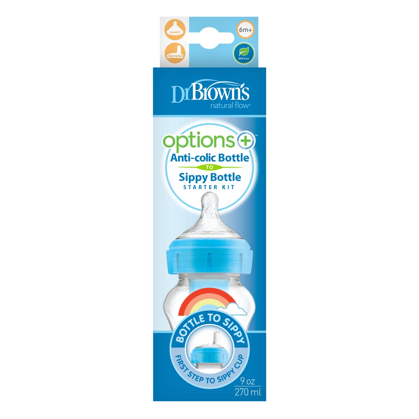 Dr. Brown's Options+ wide neck bottle to sippy starter kit - 270ml Blue