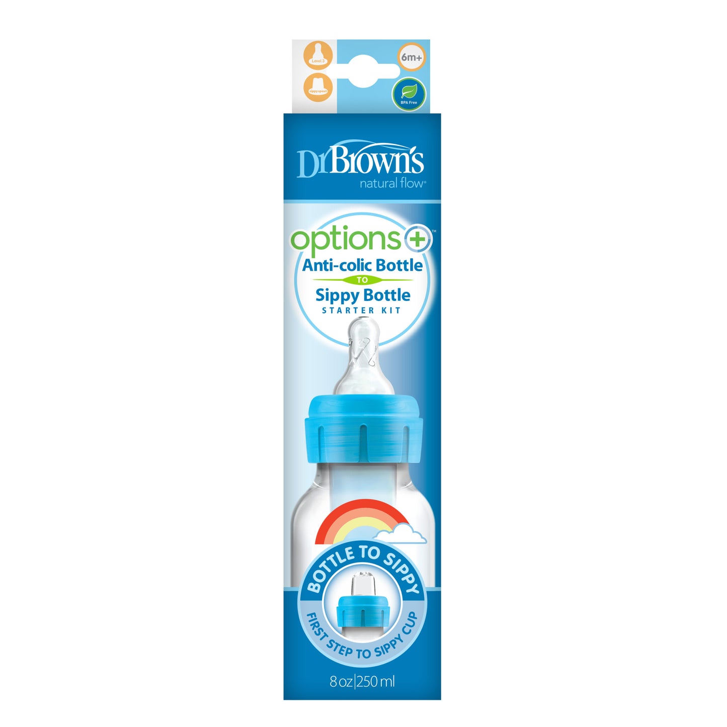 Dr. Brown's Options+ Standard Neck Bottle To Sippy Starter Kit - 250ml Blue