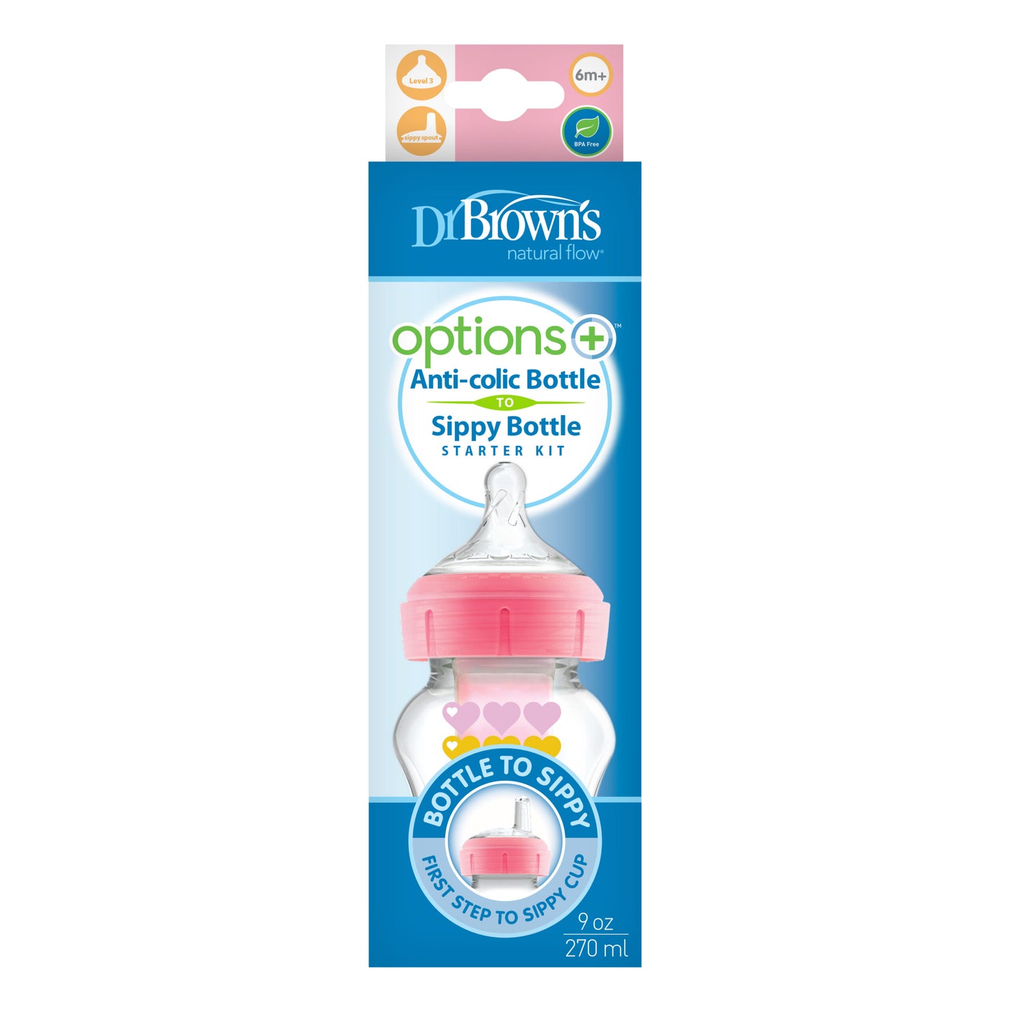 Dr. Brown's Options+ wide neck bottle to sippy starter kit - 270ml Pink