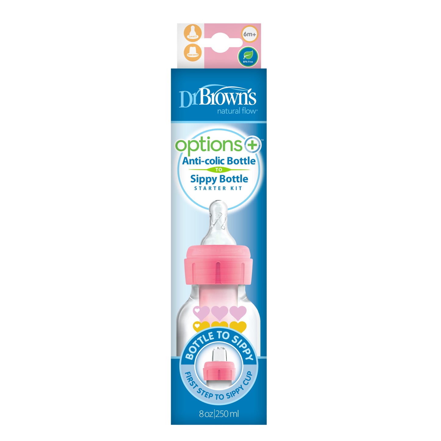 Dr. Brown’s Options+ standaard halsfles bottle to sippy starterkit - 250ml Roze