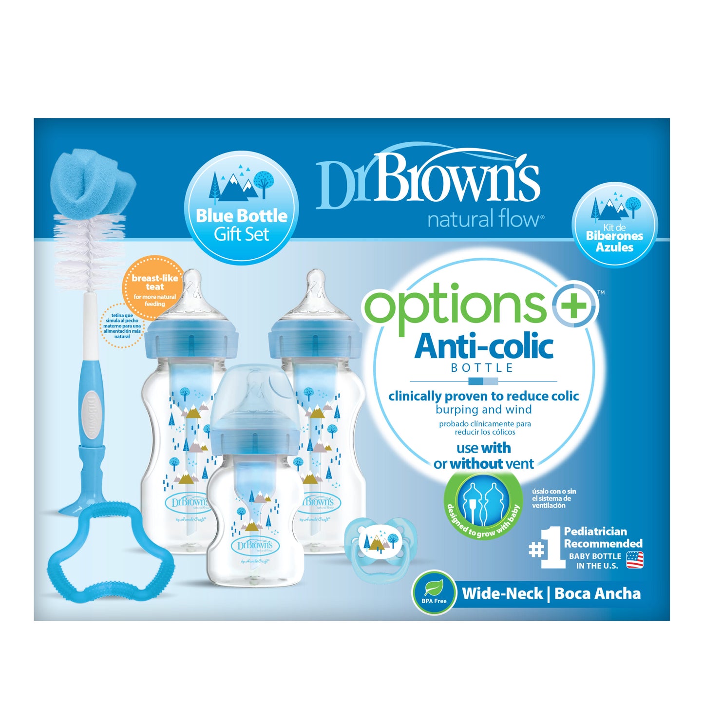 Dr. Brown’s Options+ anti-koliek brede halsfles geschenkset - Blauw